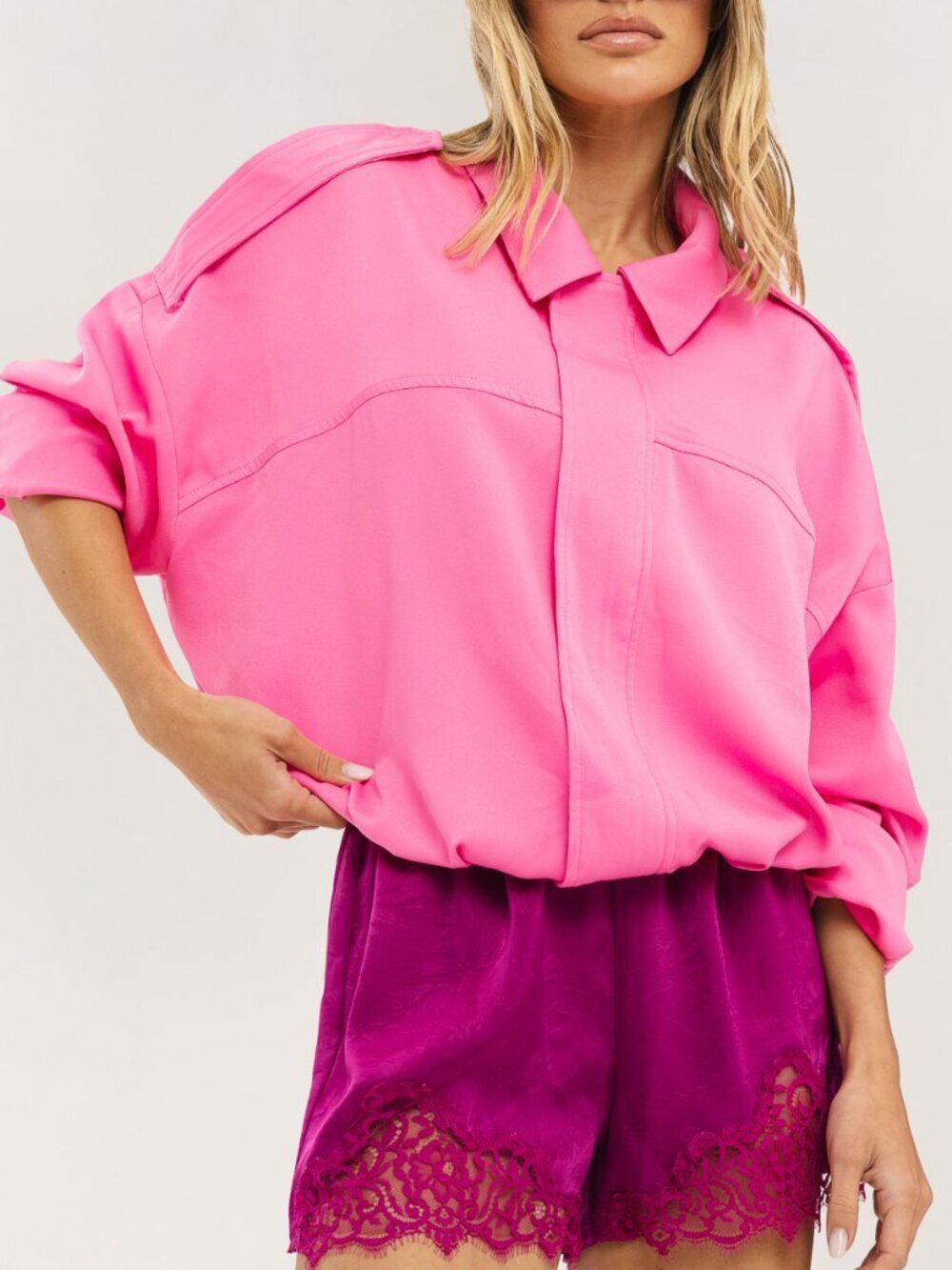Pink Casual Women's Boxy Collar Detail Jacket